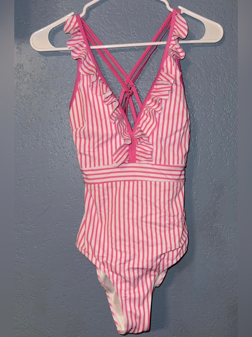 Pink Stripe Ruffle V-Neck One-Piece Swimsuit